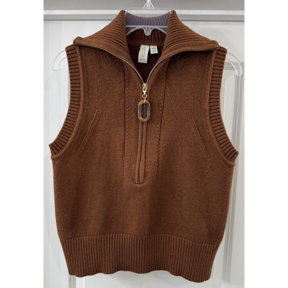 JOIE Rust/Brown viscose Knit Vest 1/4zip front collared sweater Layering Top